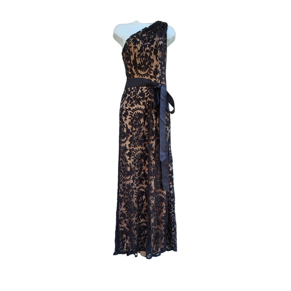 Tadashi Shoji one shoulder black lace cocktail party maxi dress 2 - Picture 2 of 13